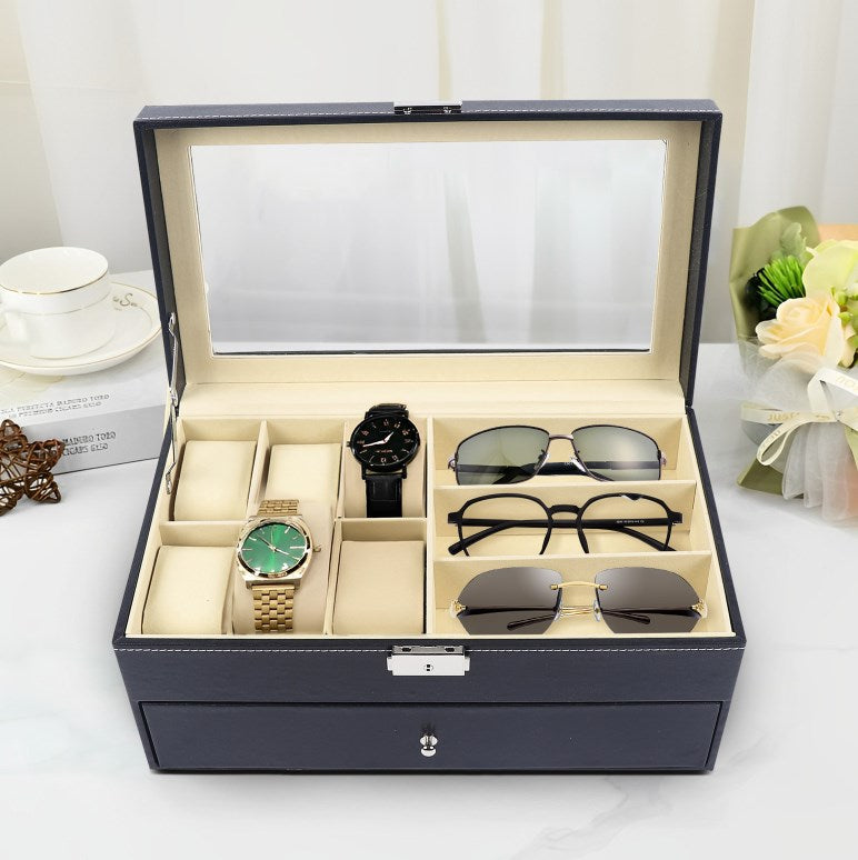 Custodia per orologi nera Custodia per orologi in pelle per 6 scatole per orologi + 9 custodie per occhiali