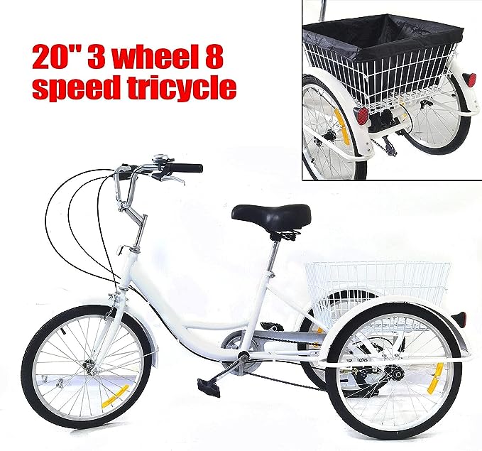 CNCEST 20 Pollici Triciclo per Adulti Bicicletta a 3 Ruote 8 Velocità Triciclo con Cestino