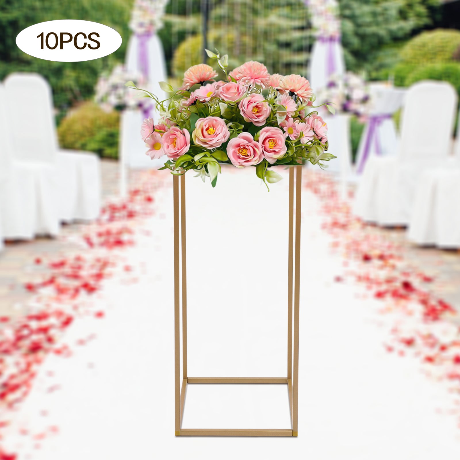 Portafiori da matrimonio rimovibile da 10 pezzi con vasi rettangolari dal design geometrico per feste, oro (10 pezzi, 80 cm)