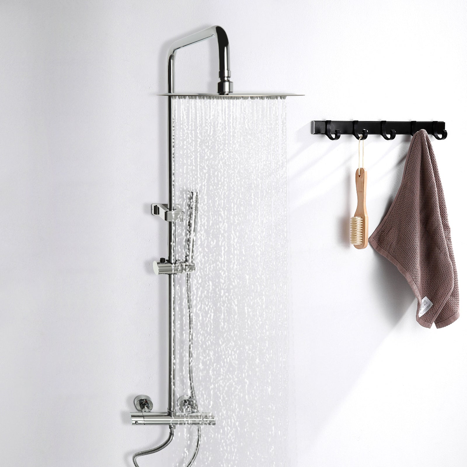 Sistema doccia con termostato, soffione doccia a pioggia , set con soffione doccia a pioggia, 26 cm (argento)