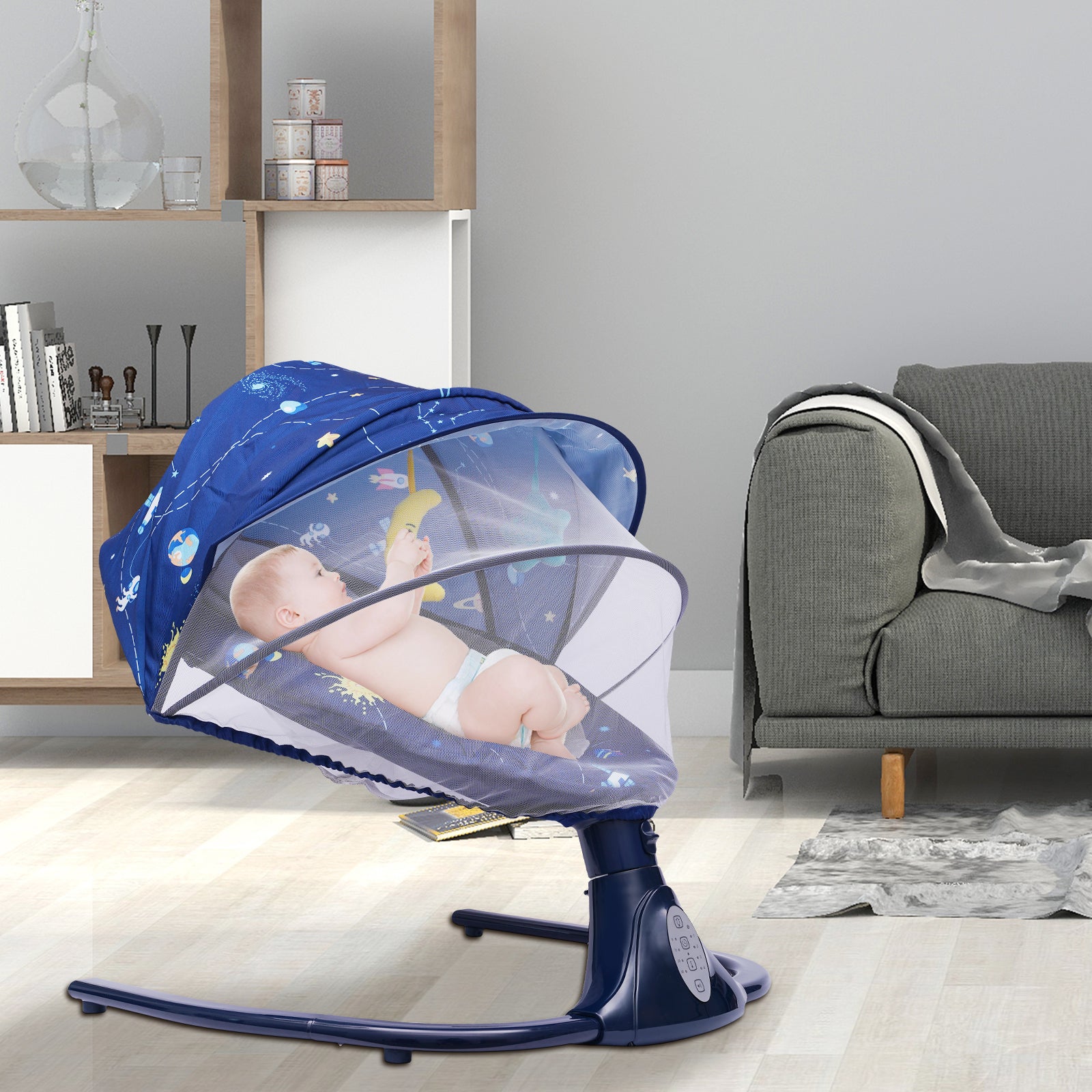 Sdraietta Elettrica Neonati con musica e sedile, con giocattolo, telecomando, zanzariera rimovibile e tettuccia, per 0 ~ 18 mesi (blu)