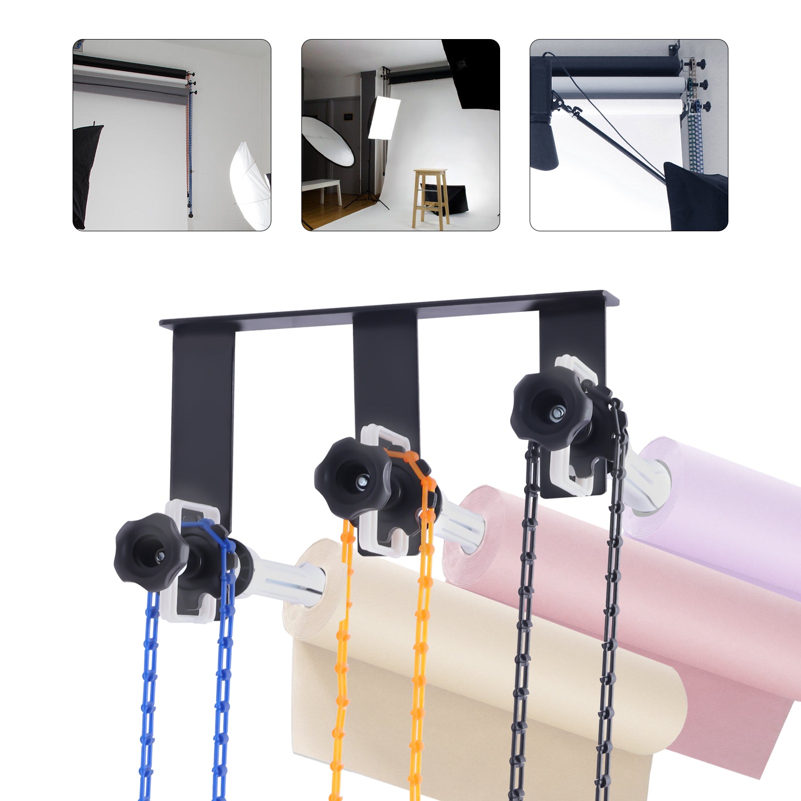 Sistema di support manuale per fondale fotografico con montaggio a parete a 3 rulli, incluse sei (6) barre di espansione, tre (3) catene