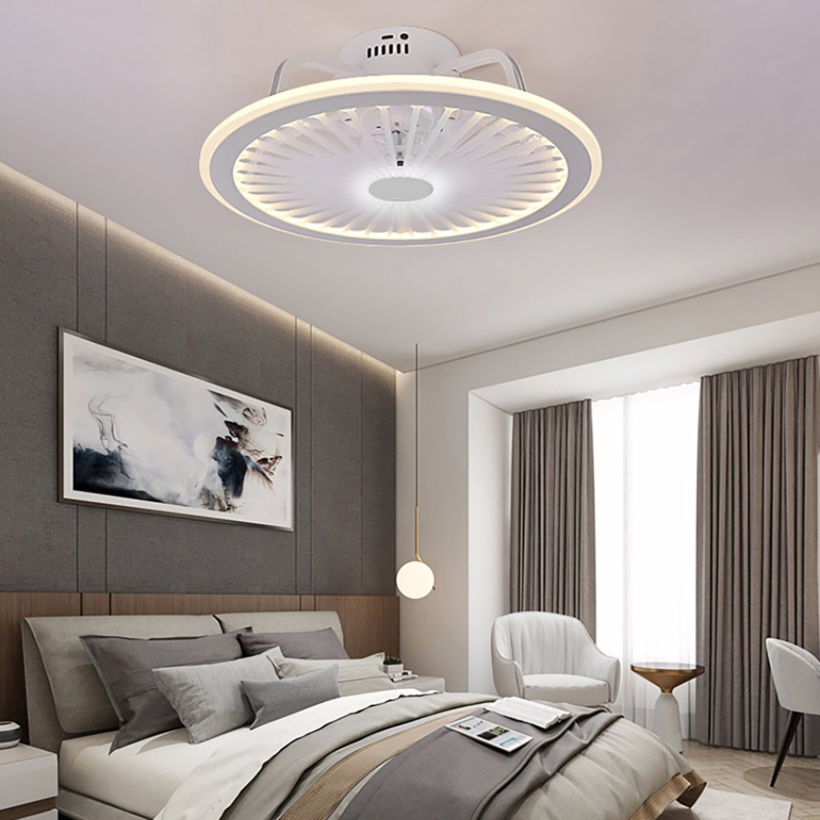 Ventilatore da soffitto 48 x 18 cm, moderno con illuminazione a LED, dimmerabile, per soggiorno, sala da pranzo, villa, camera da letto