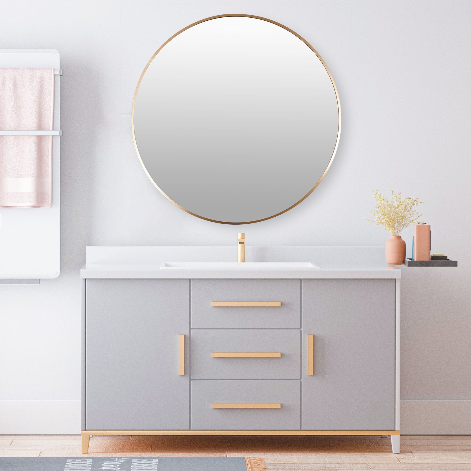 Cornice in metallo da parete con specchio rotondo dorato da 80 cm per soggiorno, camera da letto, bagno