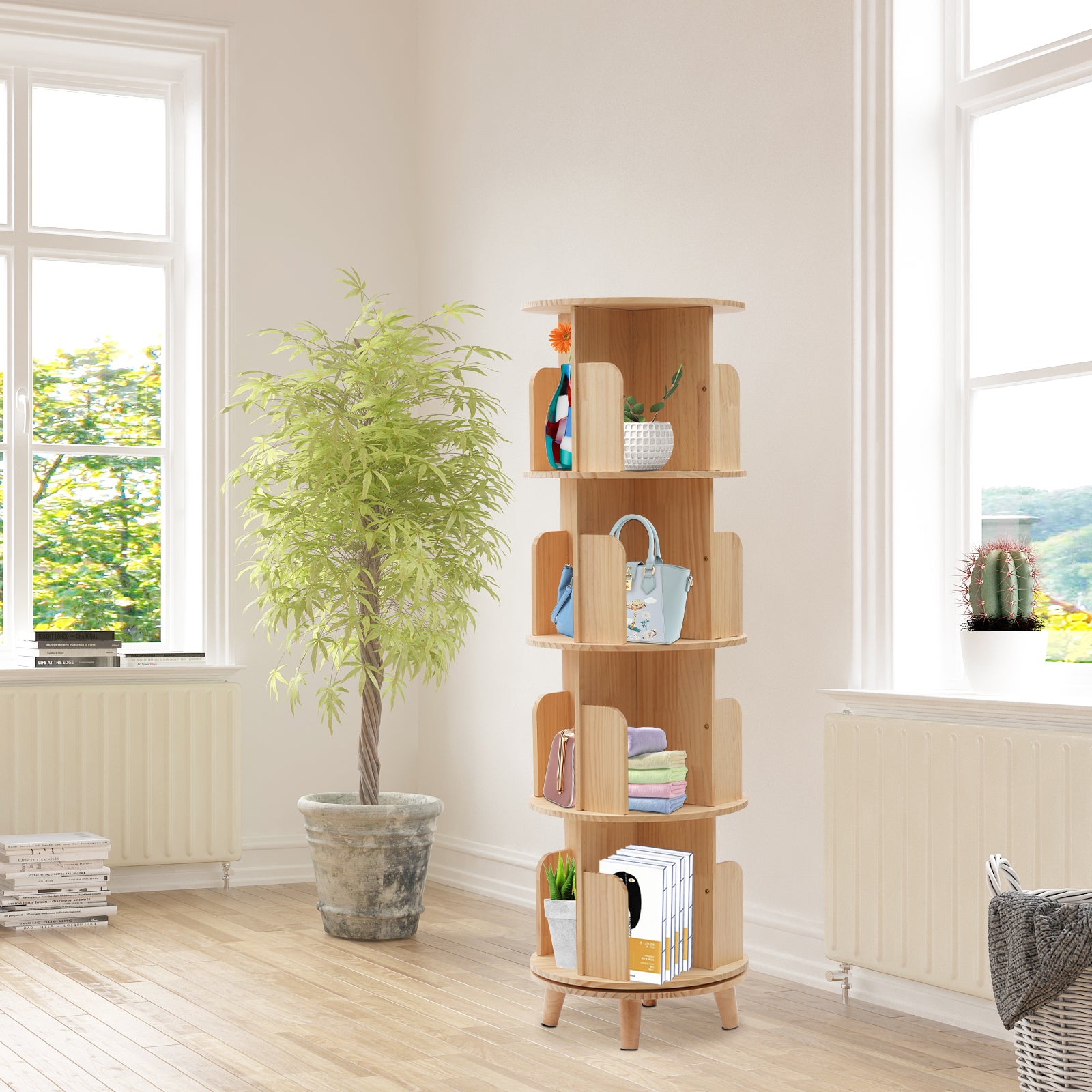 4-Layer Libreria rotante 360 ° Libreria girevole, per la casa soggiorno Pavimento Ripiani in piedi Unico salvaspazio Mensola cilindrica