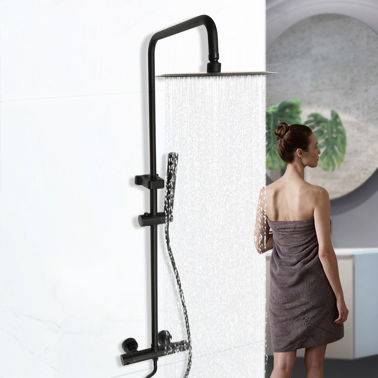 Sistema doccia con termostatico, soffione nero/argento con accessori, con soffione 20 cm, con flessibile e support tondo