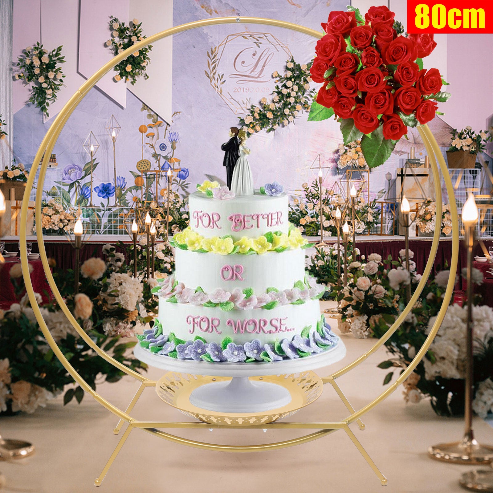 Alzata per fiori da torta in metallo con arco da matrimonio rotondo da 80 cm (oro)