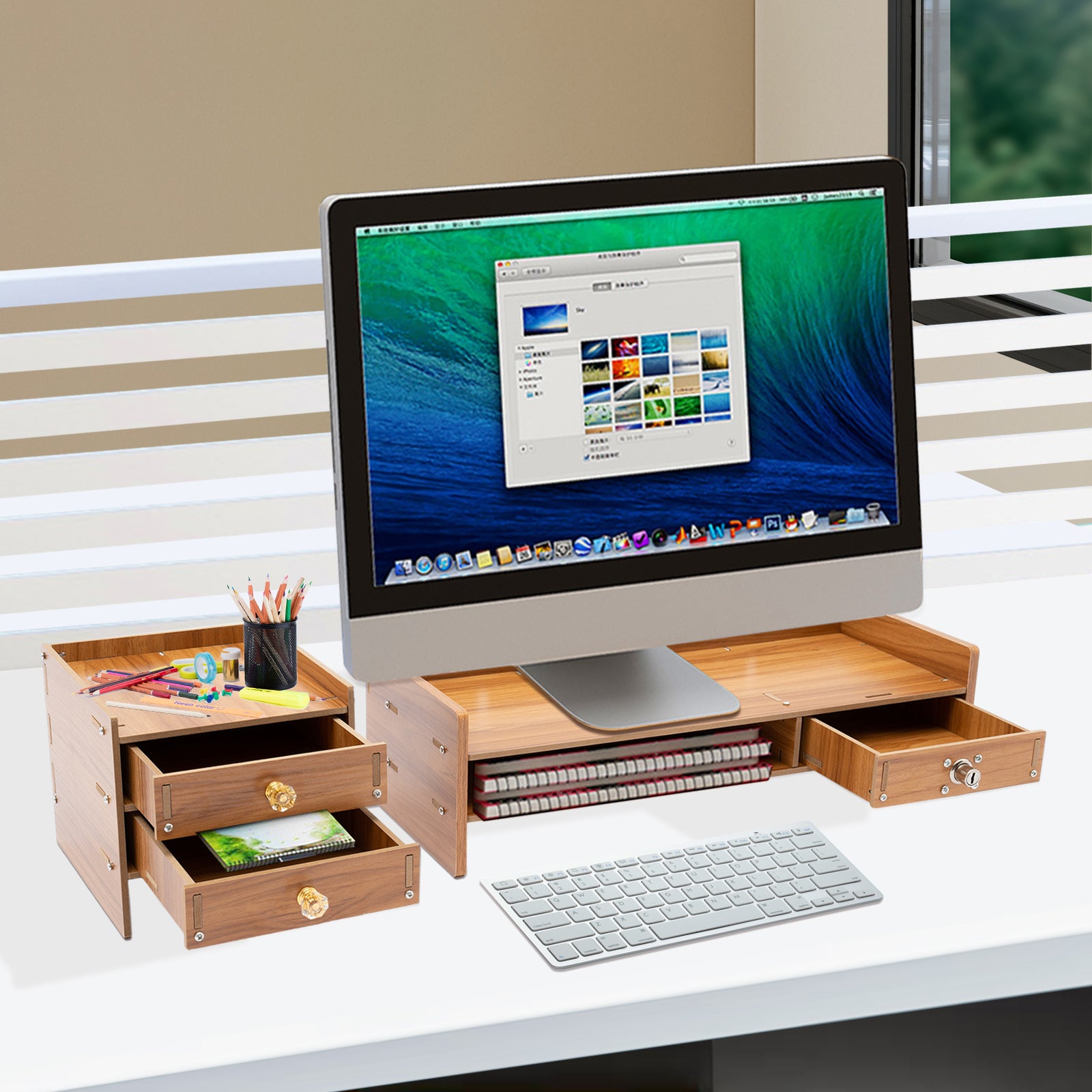 Supporto per monitor in legno, per computer e scrivania con 3 cassetti