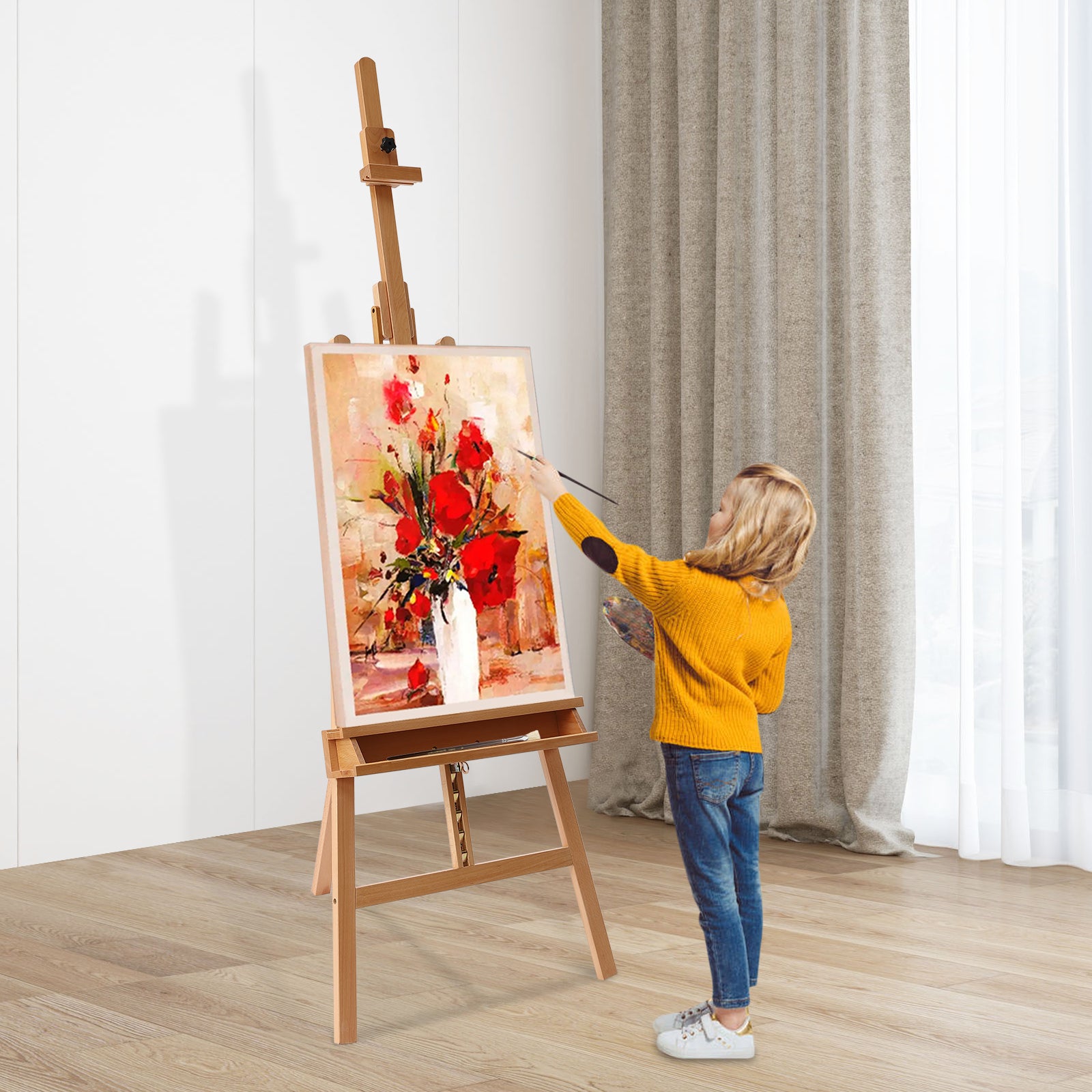 122 cm Cavalletto in legno con spazio di archiviazione, cavalletto in legno di faggio, pieghevole, per pittura artistica e bambini e adulti