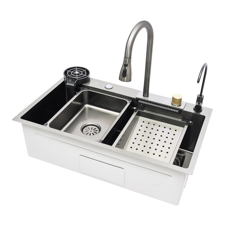 Lavello da cucina 1 Vasca, Lavandino Cucina cascata bar, set di lavello integrato con rubinetto rimovibile (68 cm)