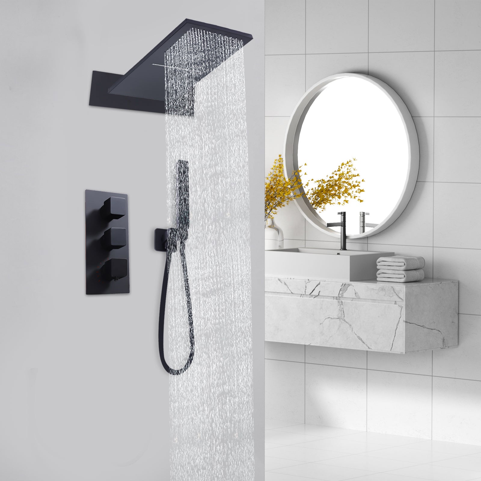 Rubinetto doccia nero, sistema doccia a incasso, Sistema termostatico, per vasca da bagno