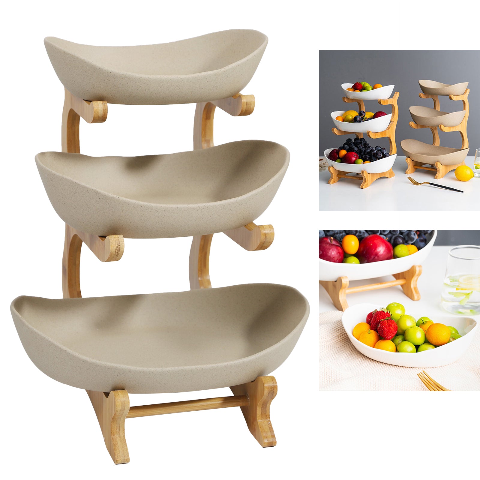 Alzata per frutta a 3 piani in ceramica, multifunzionale, in ceramica, per frutta, snack (marrone)