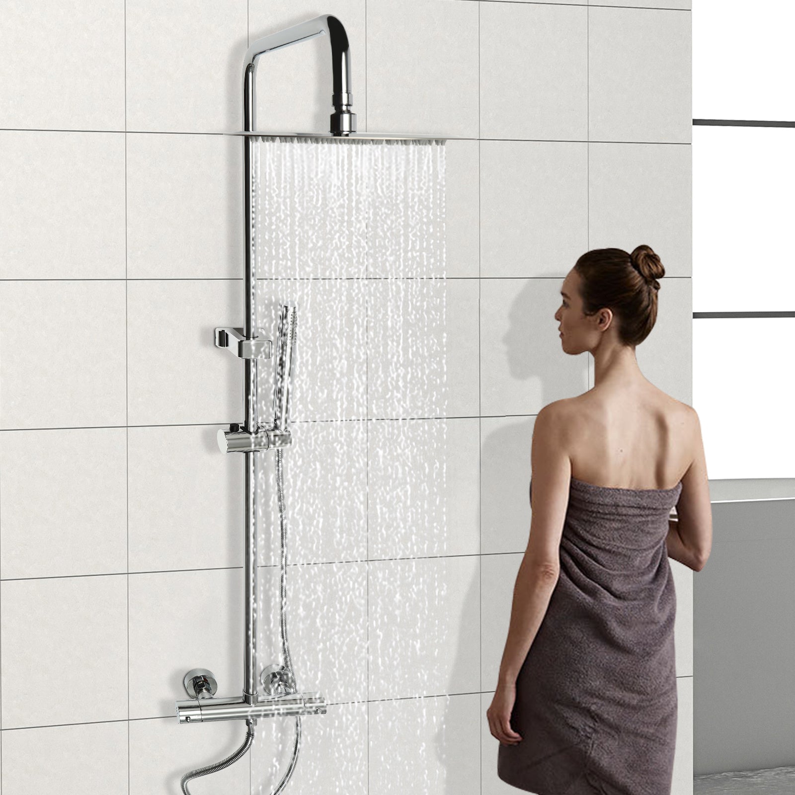 Sistema doccia con termostato, soffione doccia a pioggia , set con soffione doccia a pioggia, 26 cm (argento)