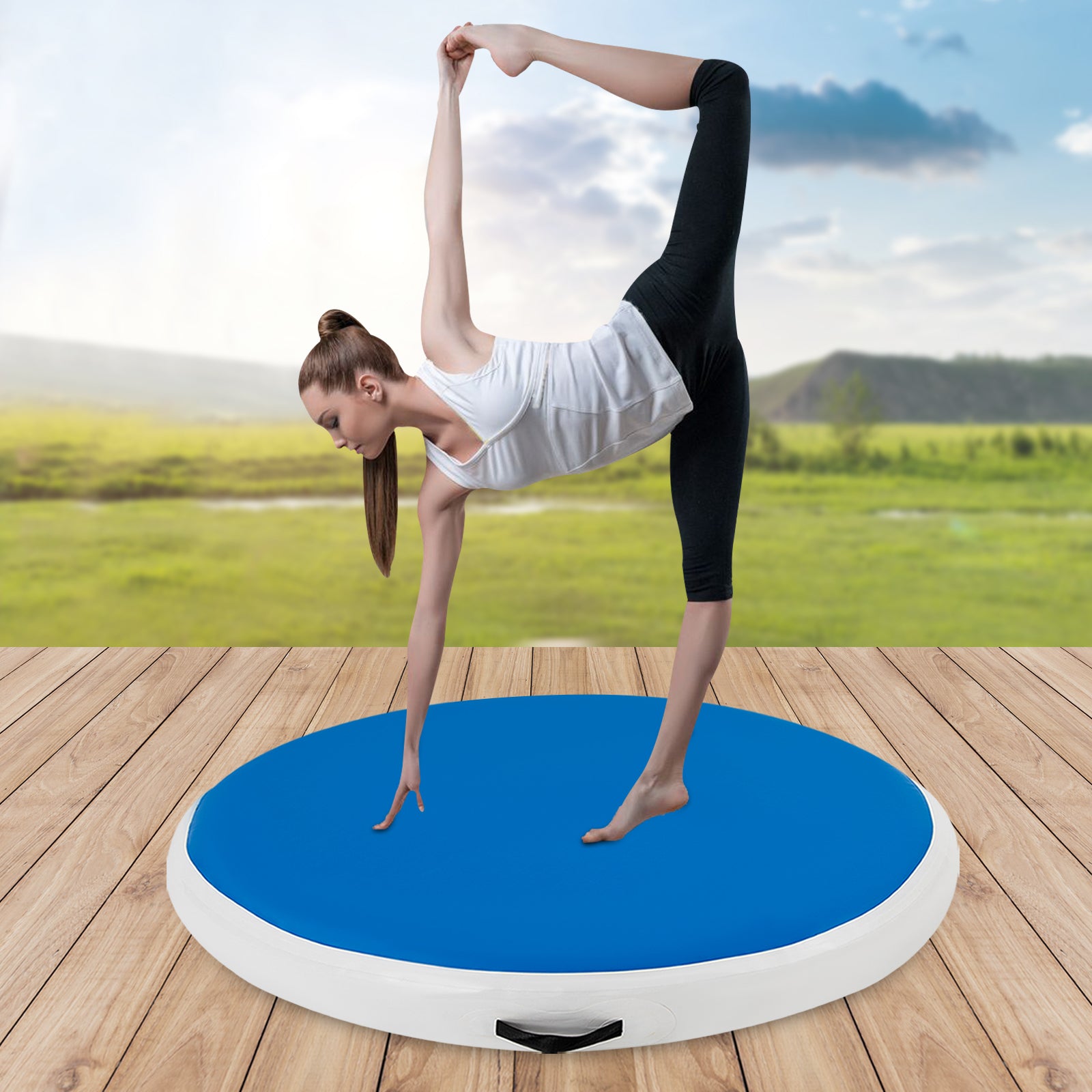Tappetino gonfiabile per allenamento con pompa ad aria da 600 W,tappetino da ginnastica, yoga, attività all'aperto, blu (100 x 10 cm)