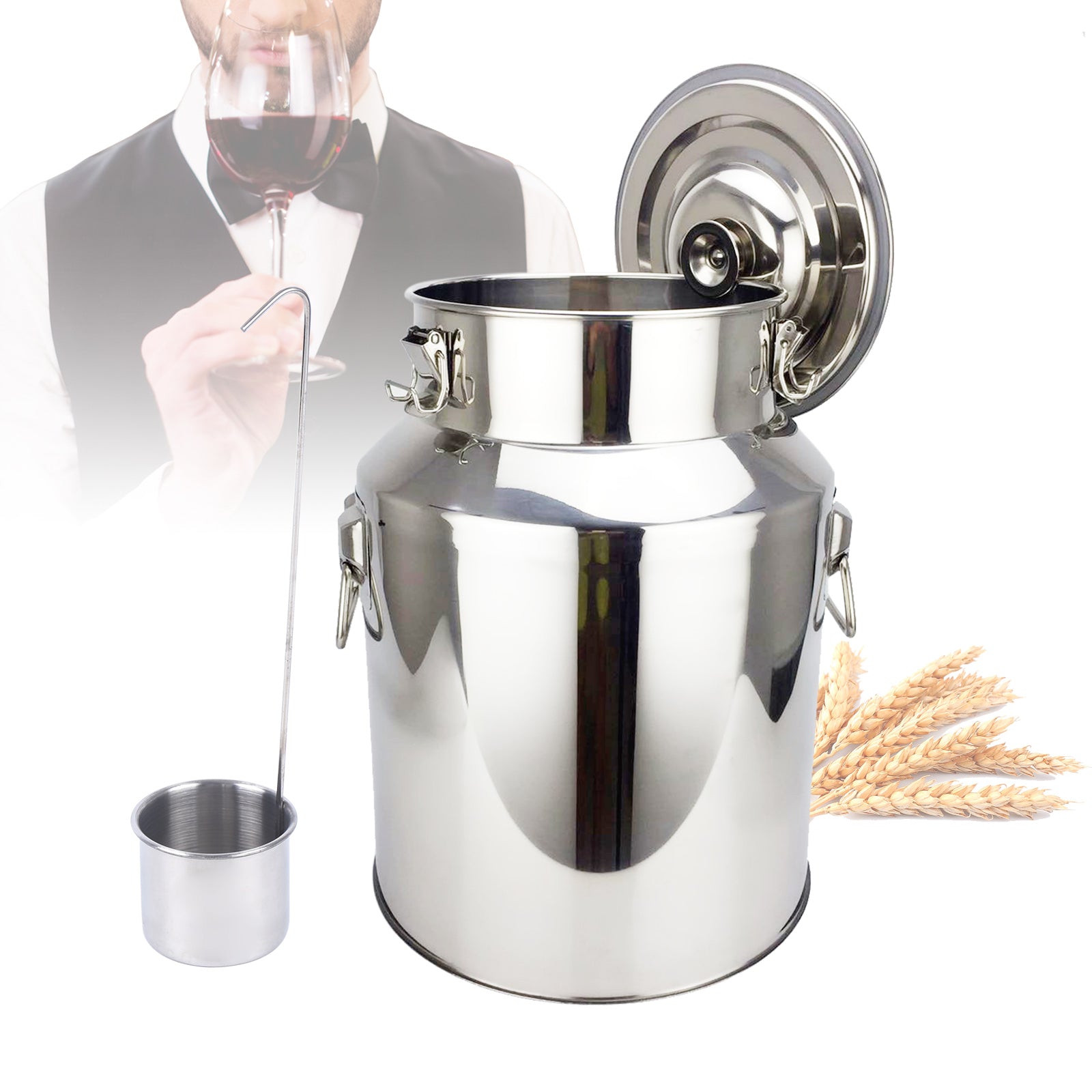 Brocca per il latte in acciaio inossidabile da 18 litri con coperchio sigillante e cucchiaio, preparazione fatta in casa, conservazione del latte