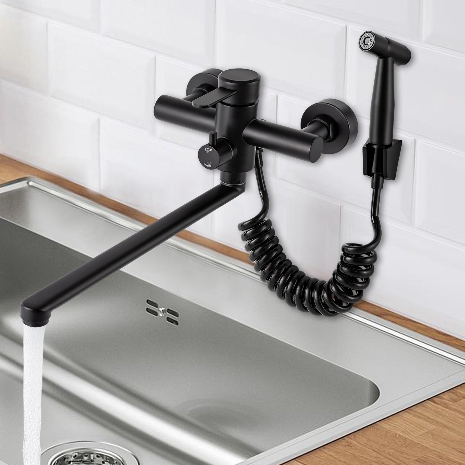 Rubinetto da cucina da parete con pistola a spruzzo e 3 tipi di getto d'acqua, rubinetto da cucina girevole a 360°,  nero