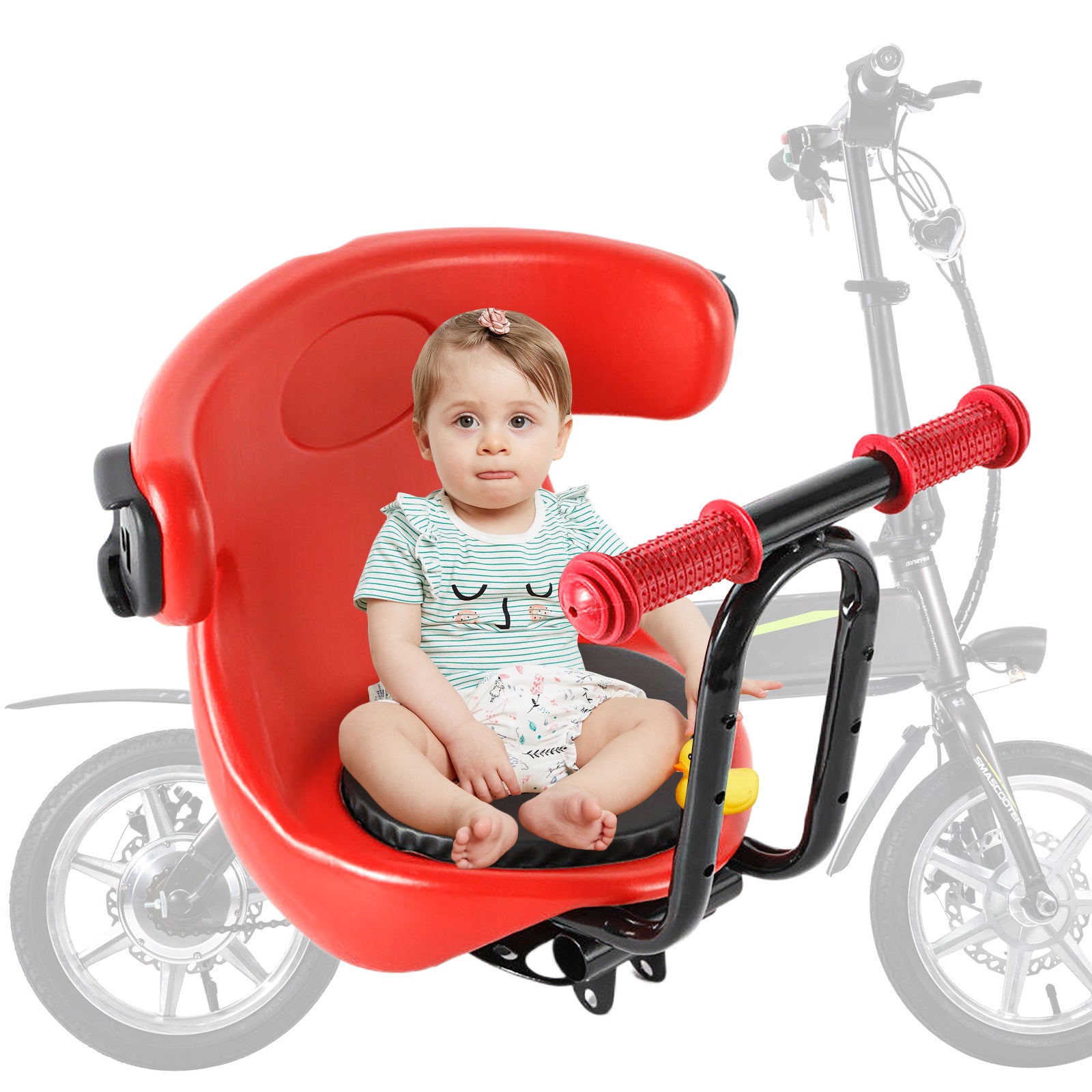 Sedile anteriore della bicicletta per bambini, sicuro e stabile, con poggiapiedi.