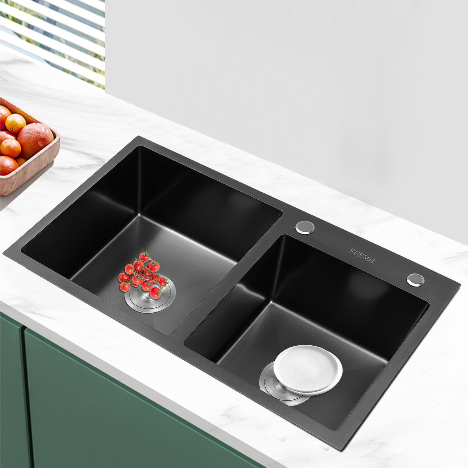 Lavello da Incasso 2 Vasche da Cucina in Acciaio Inox con vassoio di drenaggio, Lavello 78 × 43 × 22 cm con Scarico e Dispenser di Sapone