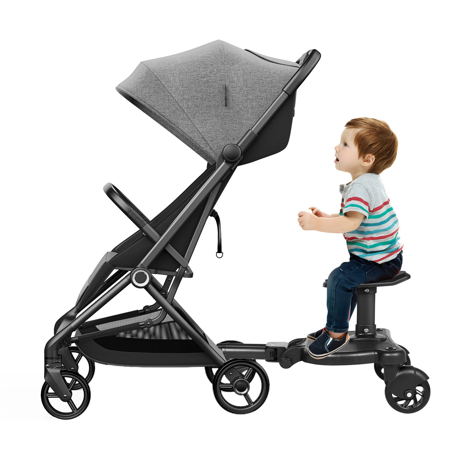 Tavoletta per passeggino per bambini, con supporto e fissaggio, ruote pieghevoli a 360 gradi, sedile rimovibile e assemblato