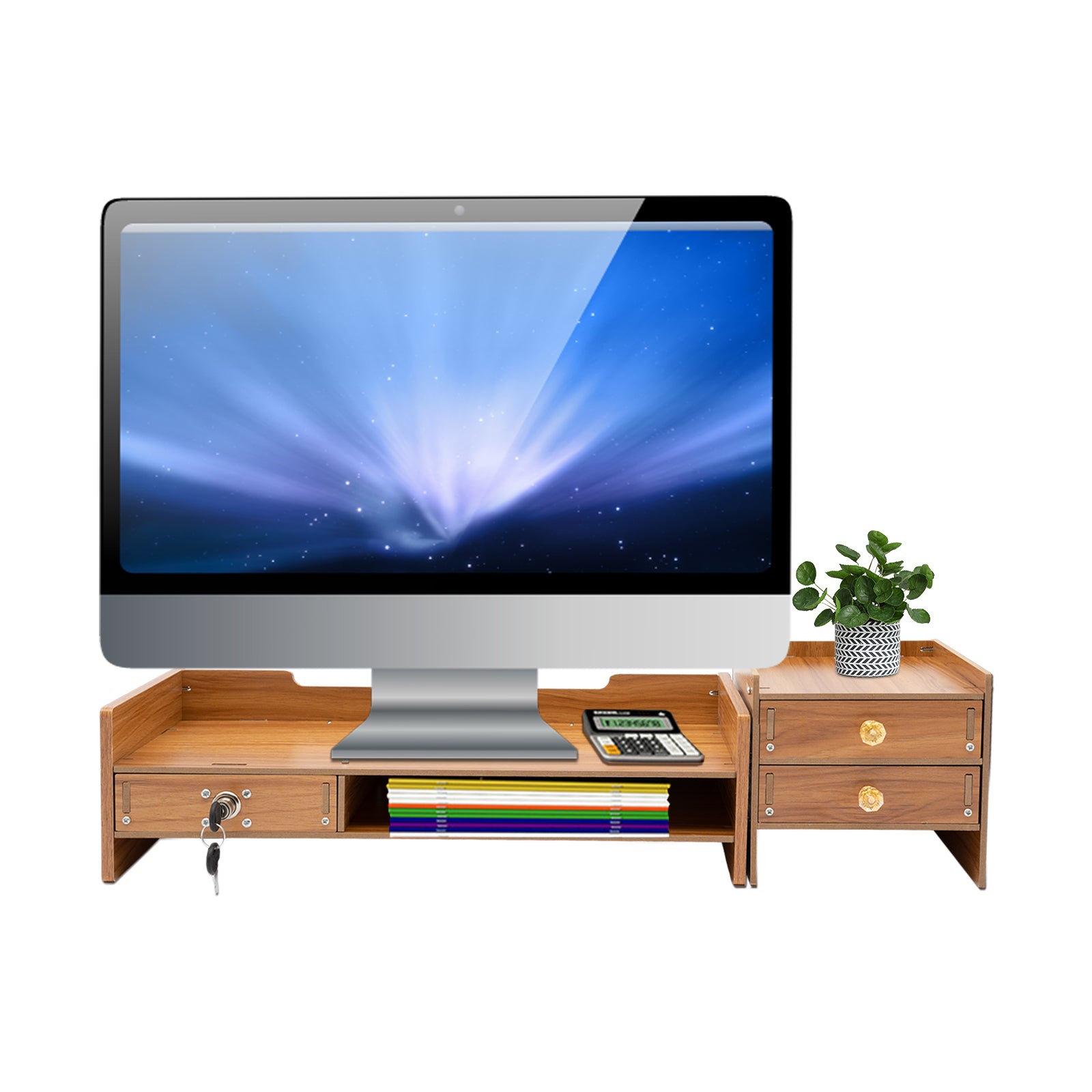 Supporto per monitor in legno, per computer e scrivania con 3 cassetti
