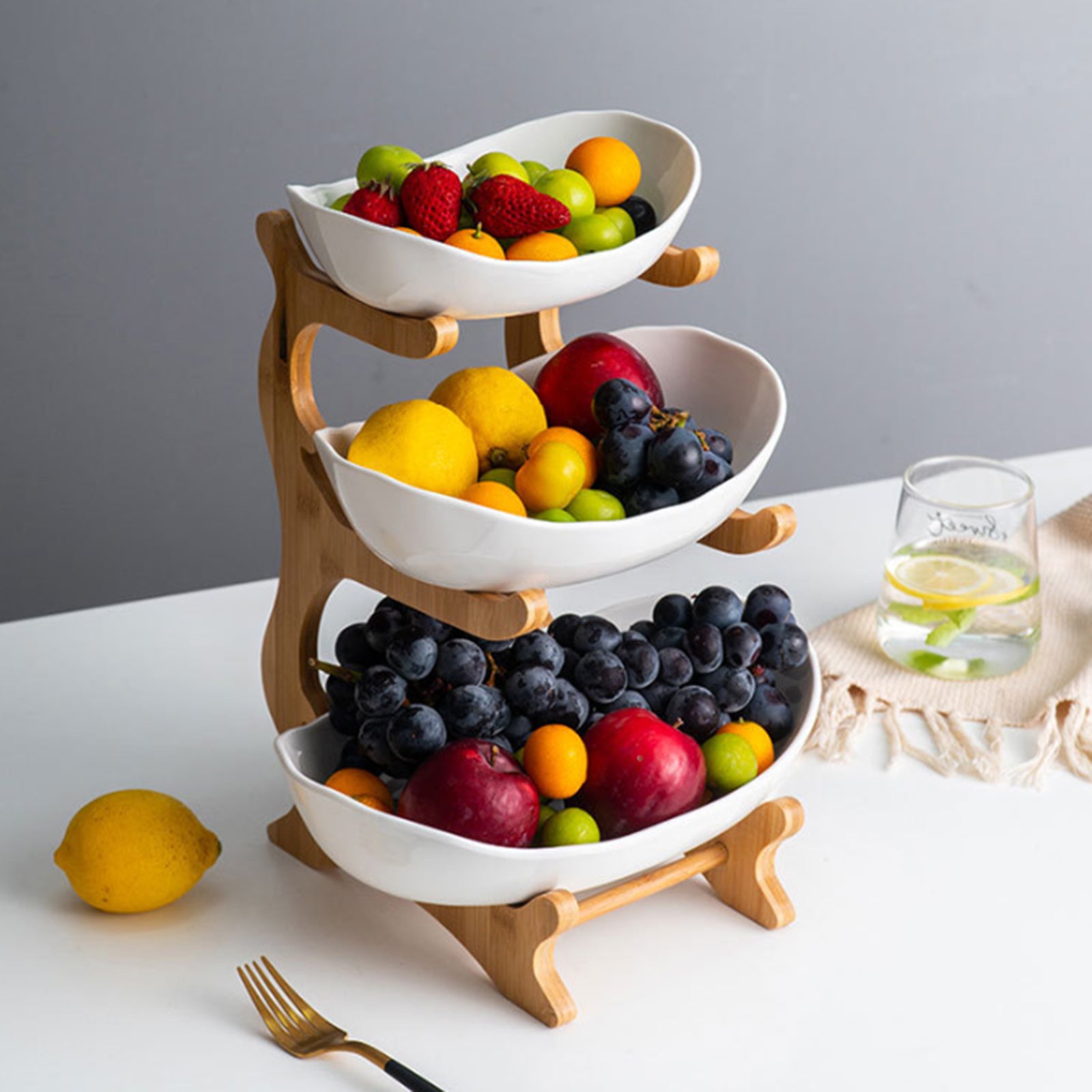 Alzata per frutta a 3 piani in ceramica, multifunzionale, in ceramica, per frutta, snack, per la cucina, per la decorazione della cucina, verdura, frutta, snack (bianco)