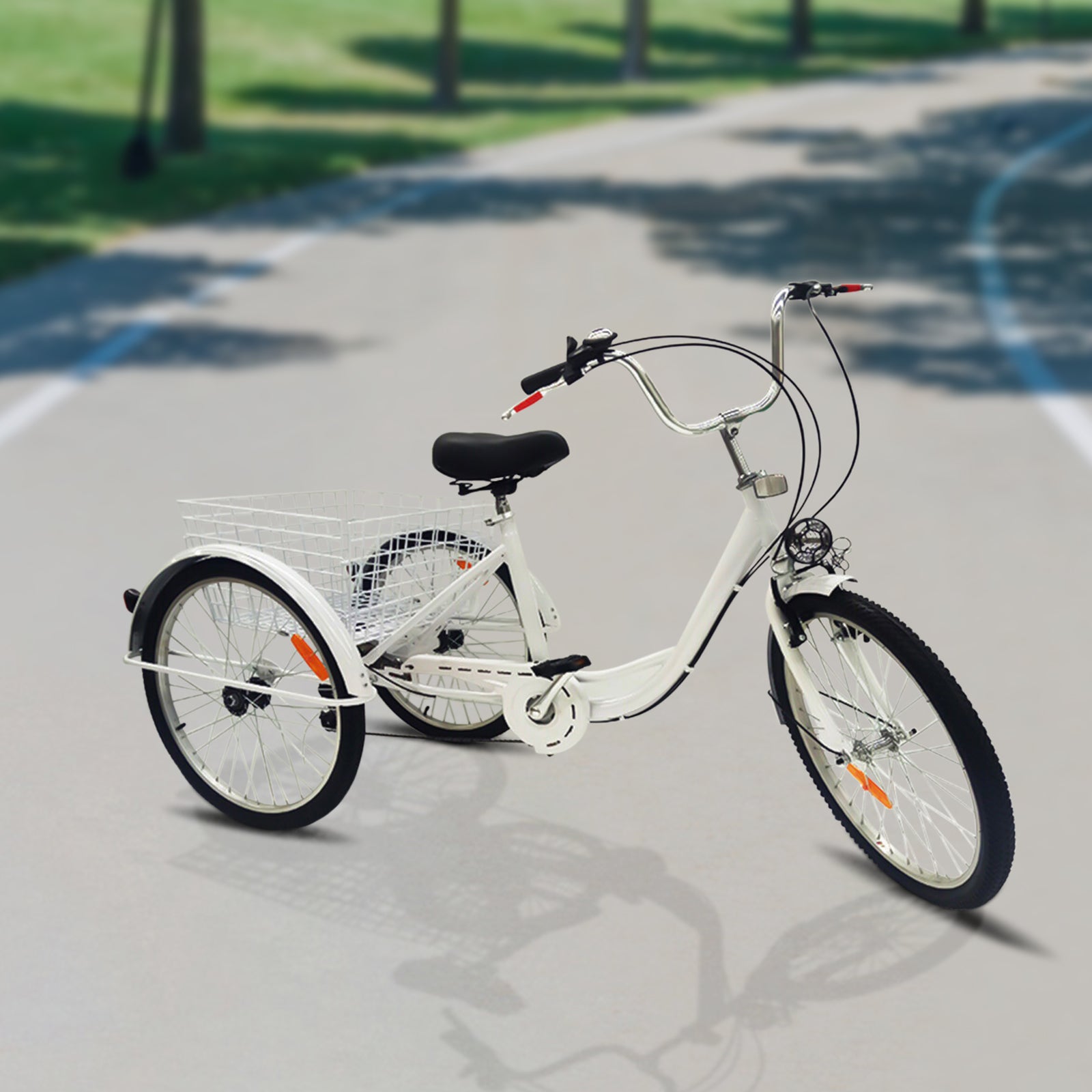 Bicicletta con luce triciclo per adulti, 24 pollici, 6 velocità, 3 ruote, con cestino