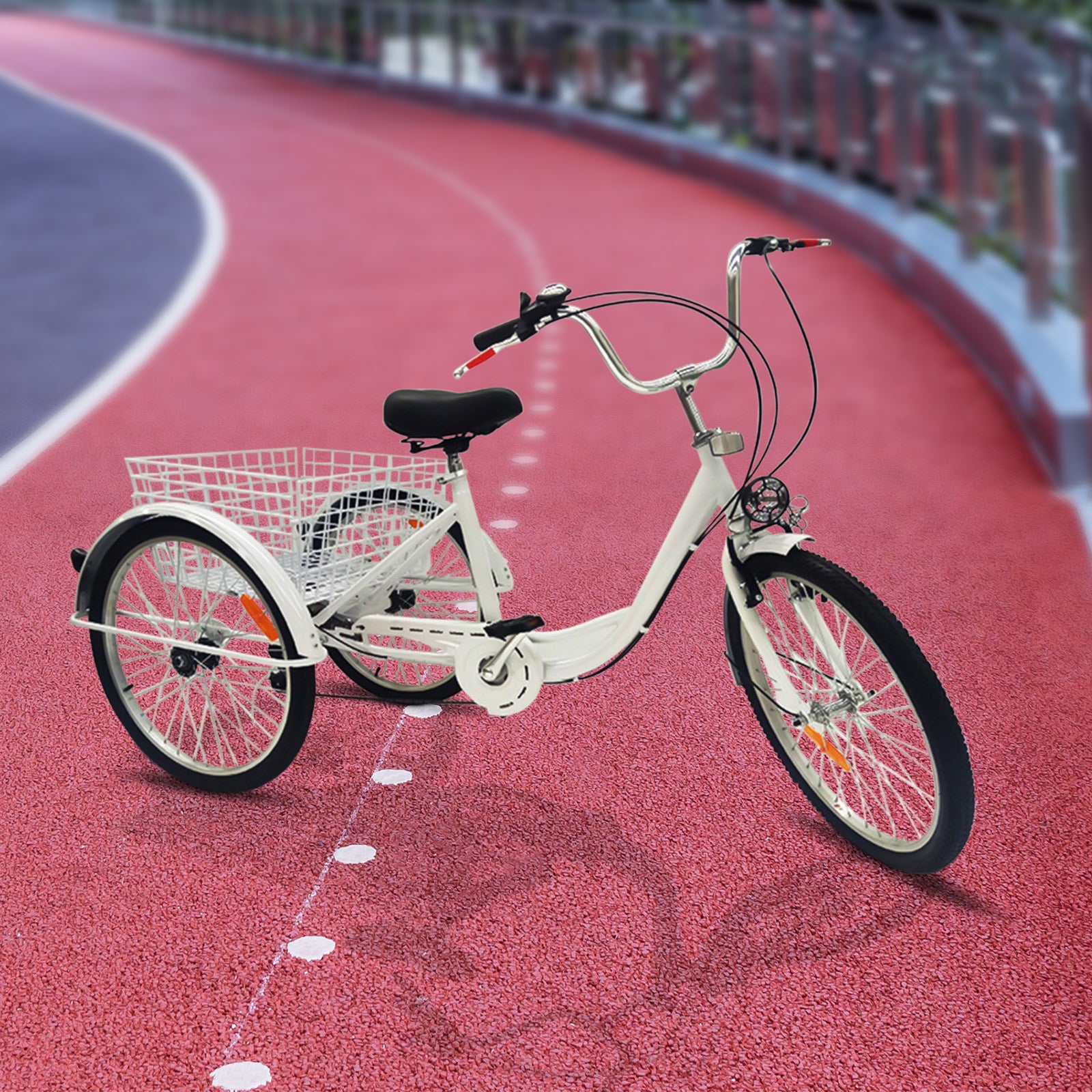 Bicicletta con luce triciclo per adulti, 24 pollici, 6 velocità, 3 ruote, con cestino