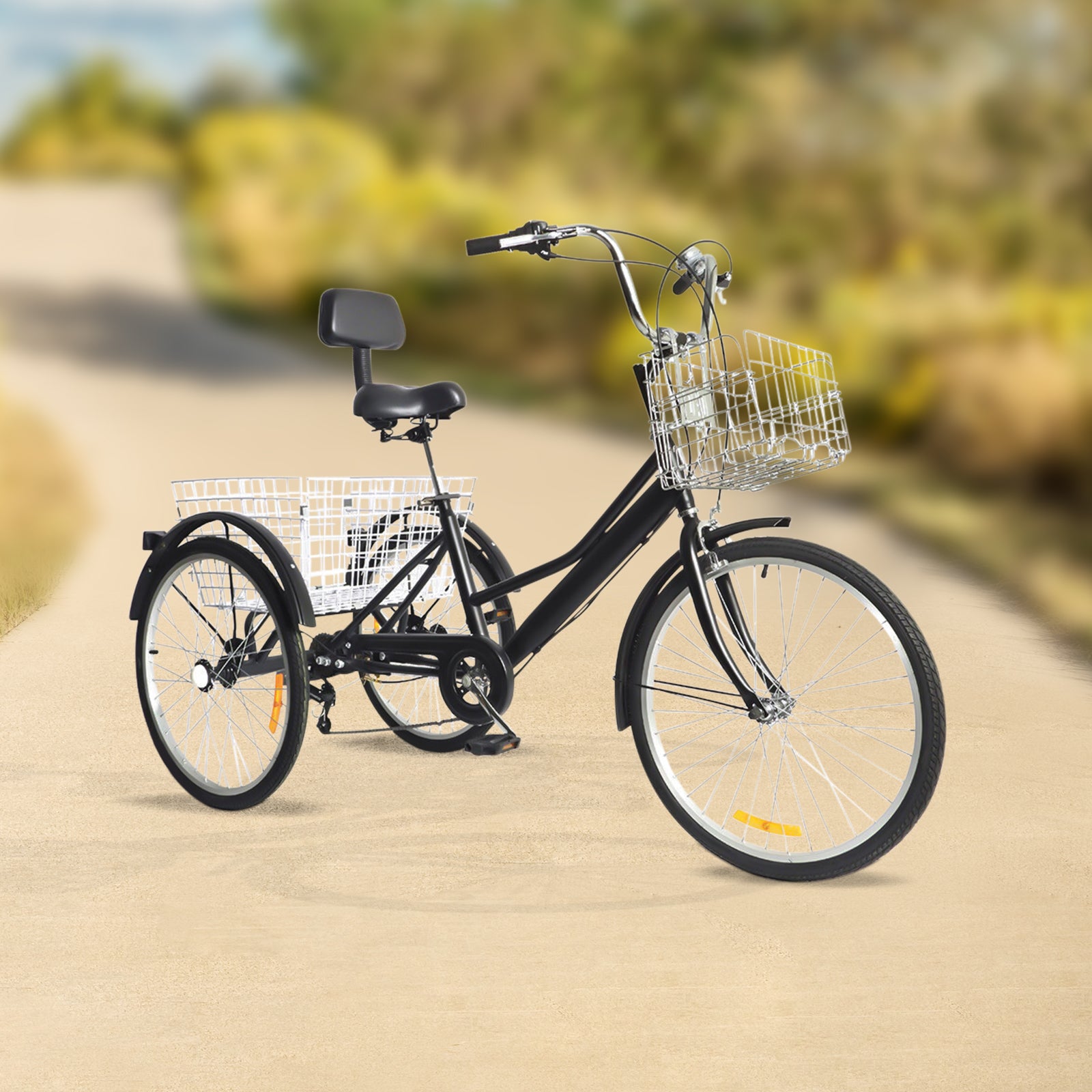 Triciclo per Adulti a 7 Velocità da 24 Pollici Triciclo con 2 cestini Triciclo Nero per Fare lo Shopping