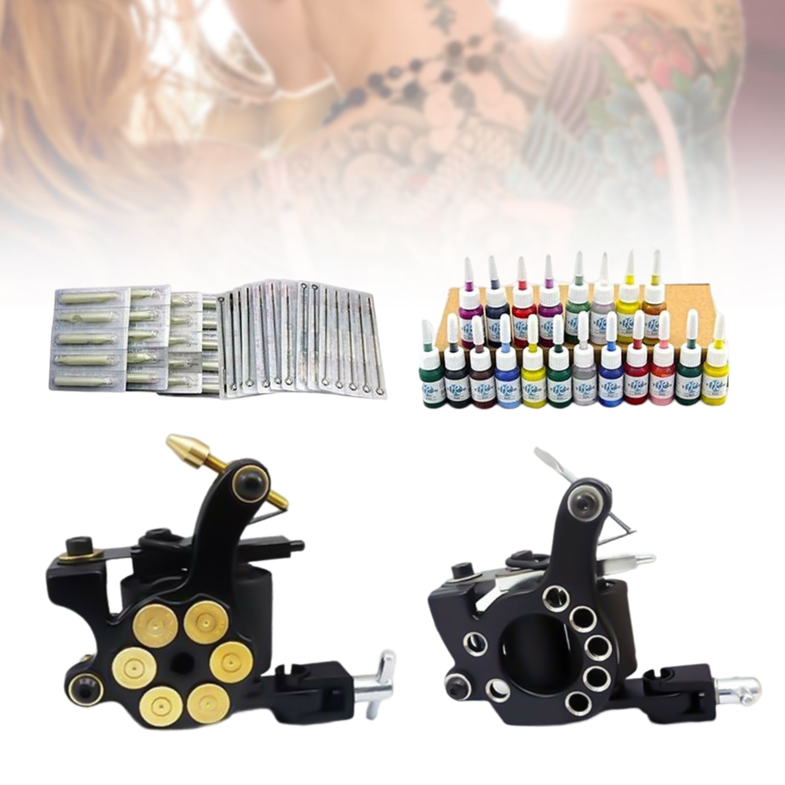 Set per tatuaggi macchina per tatuaggi, 50 aghi + alimentatore di rete 20 colori