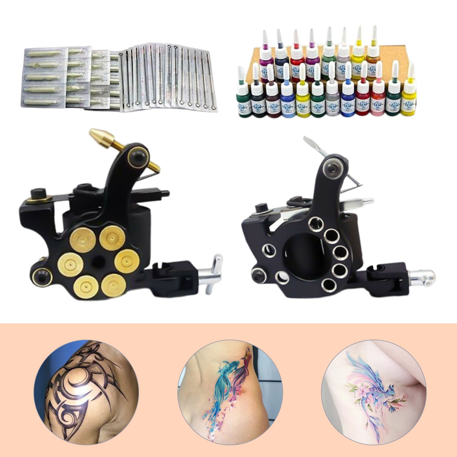 Set per tatuaggi macchina per tatuaggi, 50 aghi + alimentatore di rete 20 colori