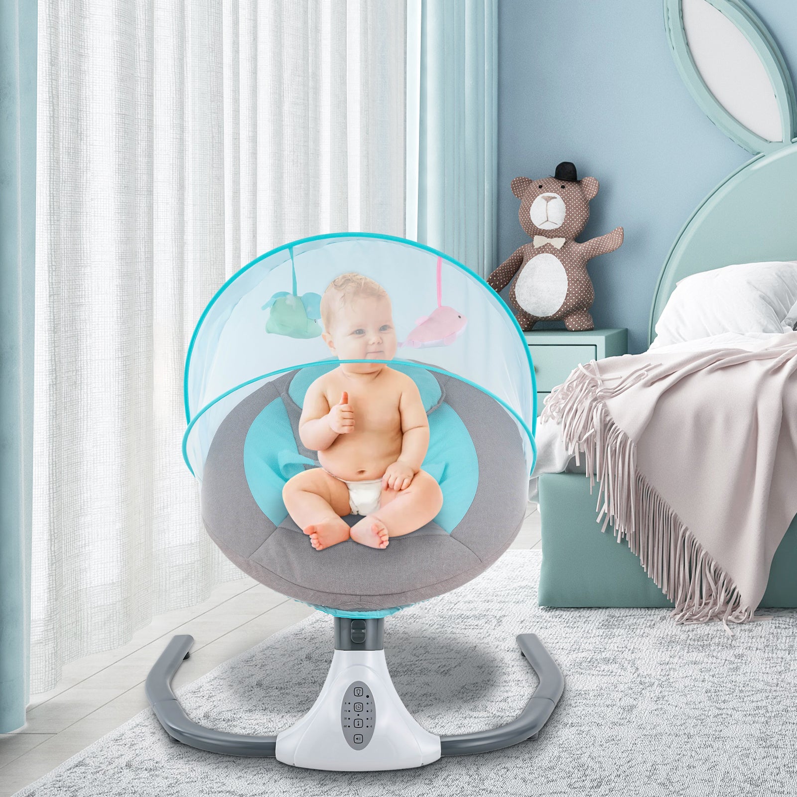 Sdraietta Sedia a dondolo per bambini regolabile in velocità con timer di musica per 0-12 mesi 3-12KG (Blu)