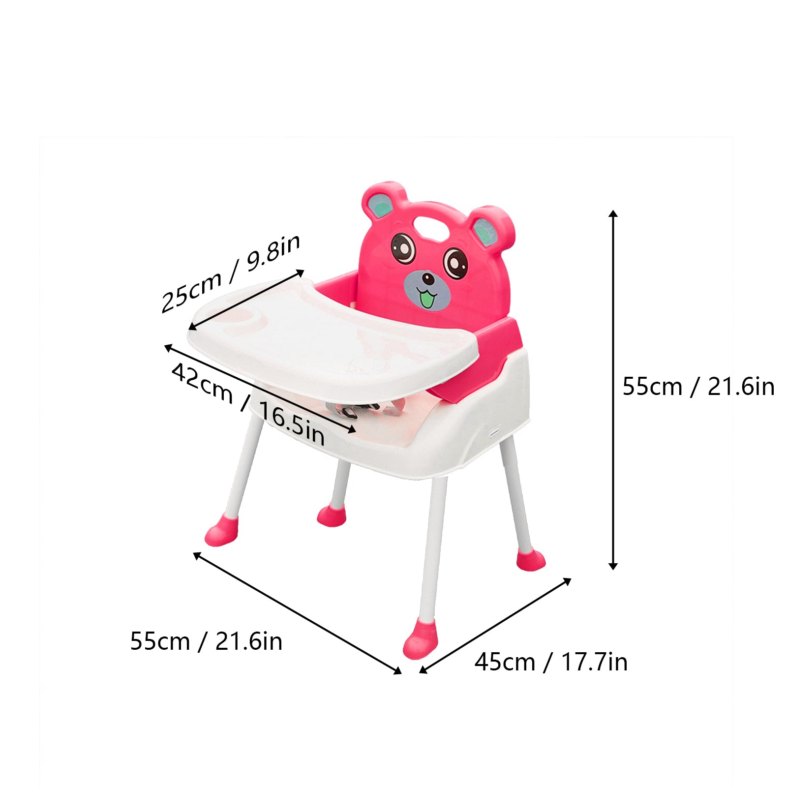 Seggiolone Pieghevole 4 in 1 per Bambini con Schienale Alto Regolabile in Altezza Sedia da Pranzo per bambini rosa
