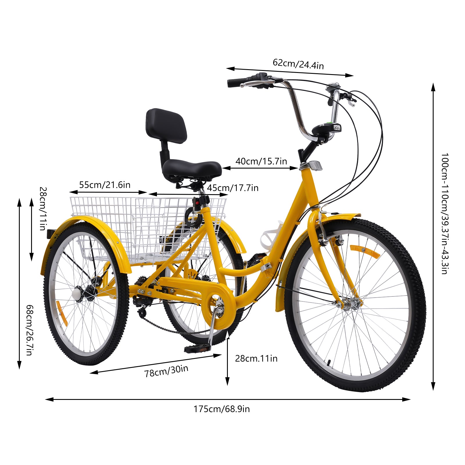 Bicicletta pieghevole a tre ruote da 24 pollici con portabicchiere giallo faro