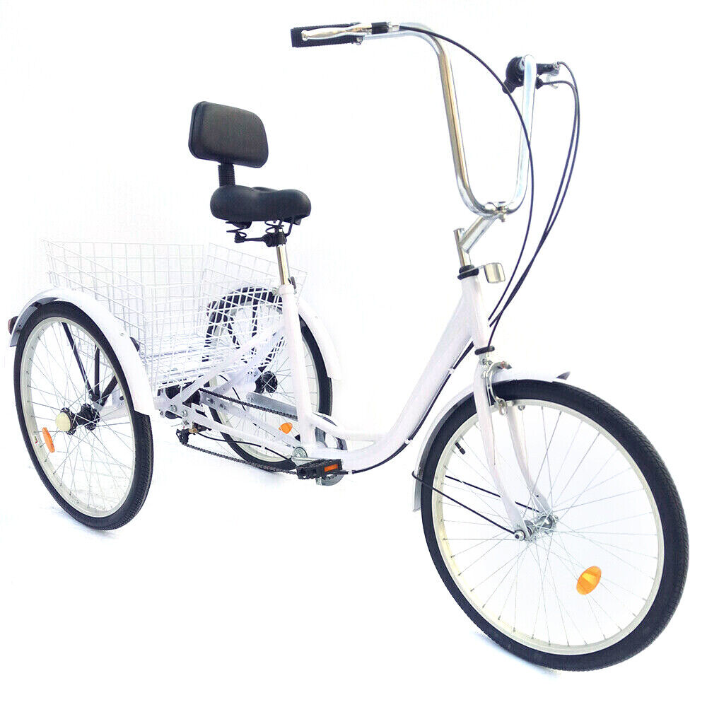 Triciclo per adulti 24" 6 velocità 3 ruote bicicletta, triciclo con cestino, bianco