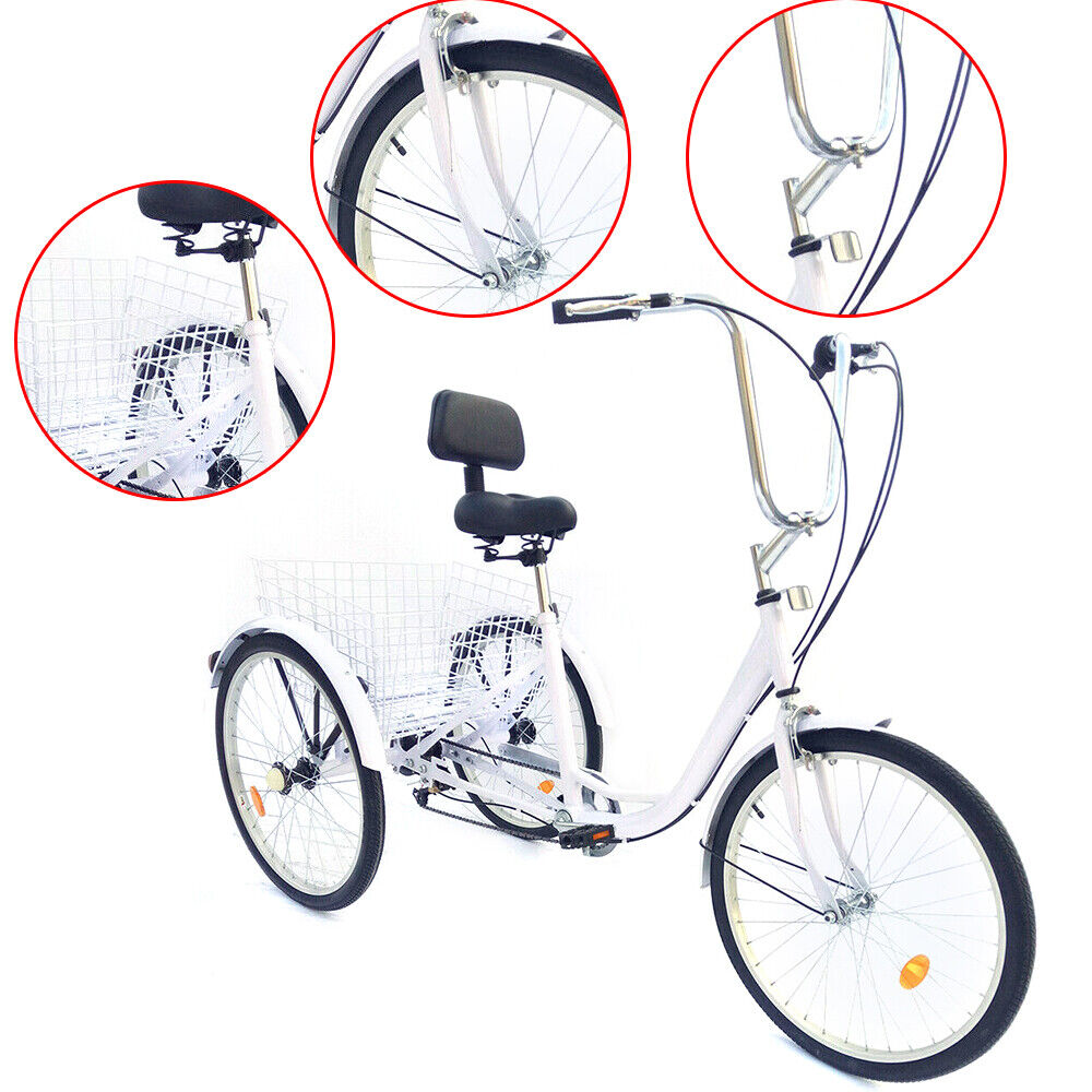 Triciclo per adulti 24" 6 velocità 3 ruote bicicletta, triciclo con cestino, bianco