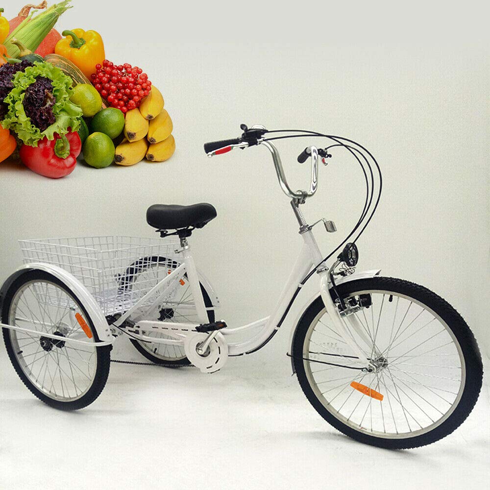 Triciclo Cruiser a 6 marce, 24 pollici, con cestino per la spesa, luce triciclo per adulti, colore bianco