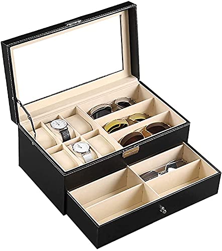 Scatola per orologi per 9 occhiali/6 orologi, 2 strati, in pelle, colore: nero