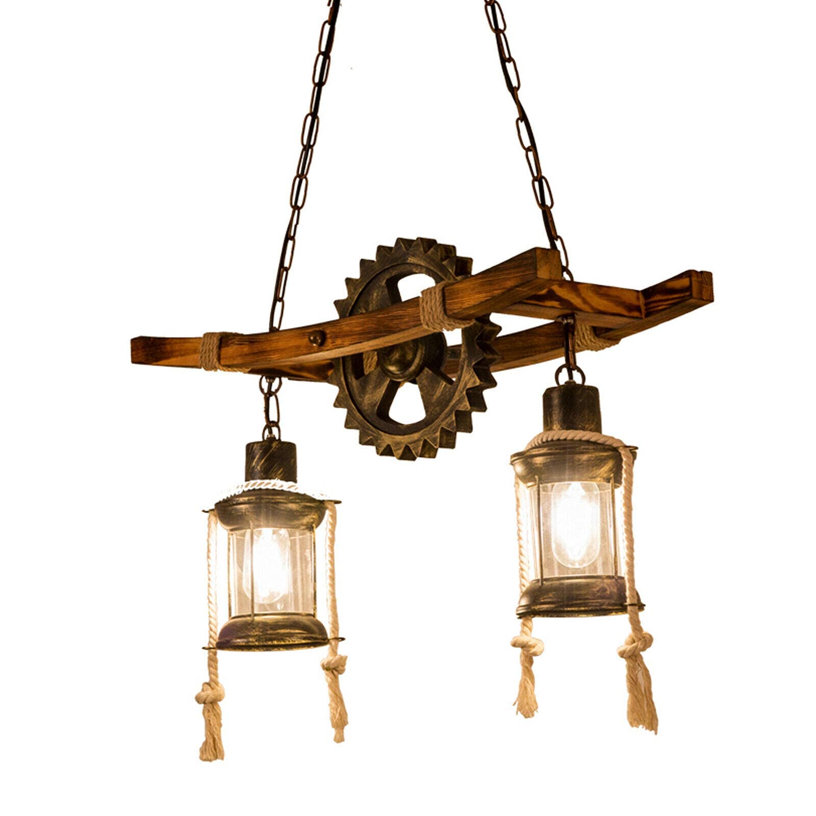 Lampadario retrò in legno, 2 teste metallo lampadario, lampada a sospensione regolabile