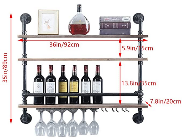 24"/36" Scaffale industriale di tubi, scaffale di vino montato a parete, con wine bar, scaffale di vetro 3 livelli