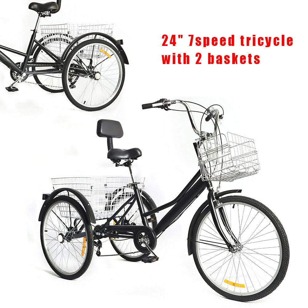  Triciclo a 3 ruote per adulti, 3 ruote, 24 pollici, 7 marce, per adulti, con 2 cestelli e sellino per la schiena