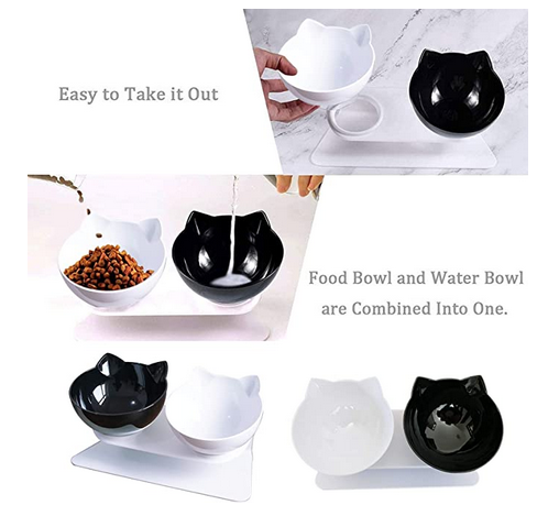 Stazione di alimentazione per cani e gatti, ciotola inclinata di 15°, nero e biancoe
