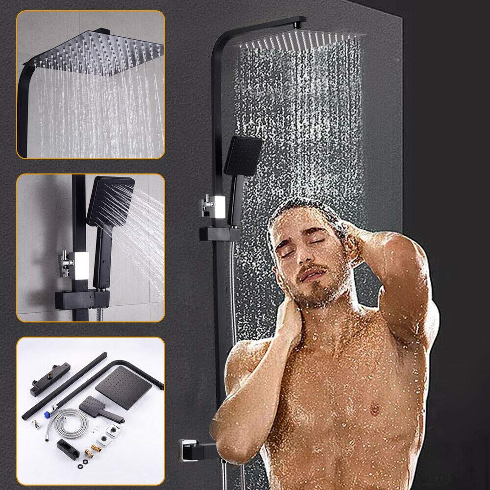 Sistema doccia nero opaco con termostato, doccia a pioggia, set doccia con asta regolabile e doccetta
