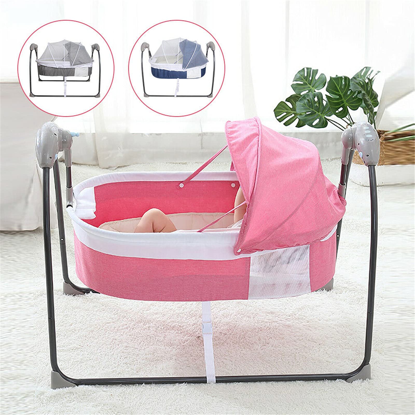 Culla elettrica intelligente, lettino neonato rosa culla pieghevole per bambini lettino altalene con musica soft (Rosa)