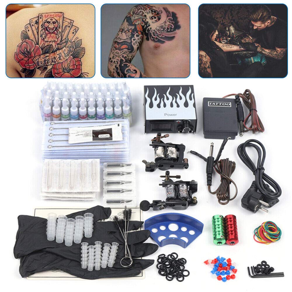 kit completo per macchine tatuaggio – 2 pistole per tatuaggio + 40 inchiostri a colori + alimentatore