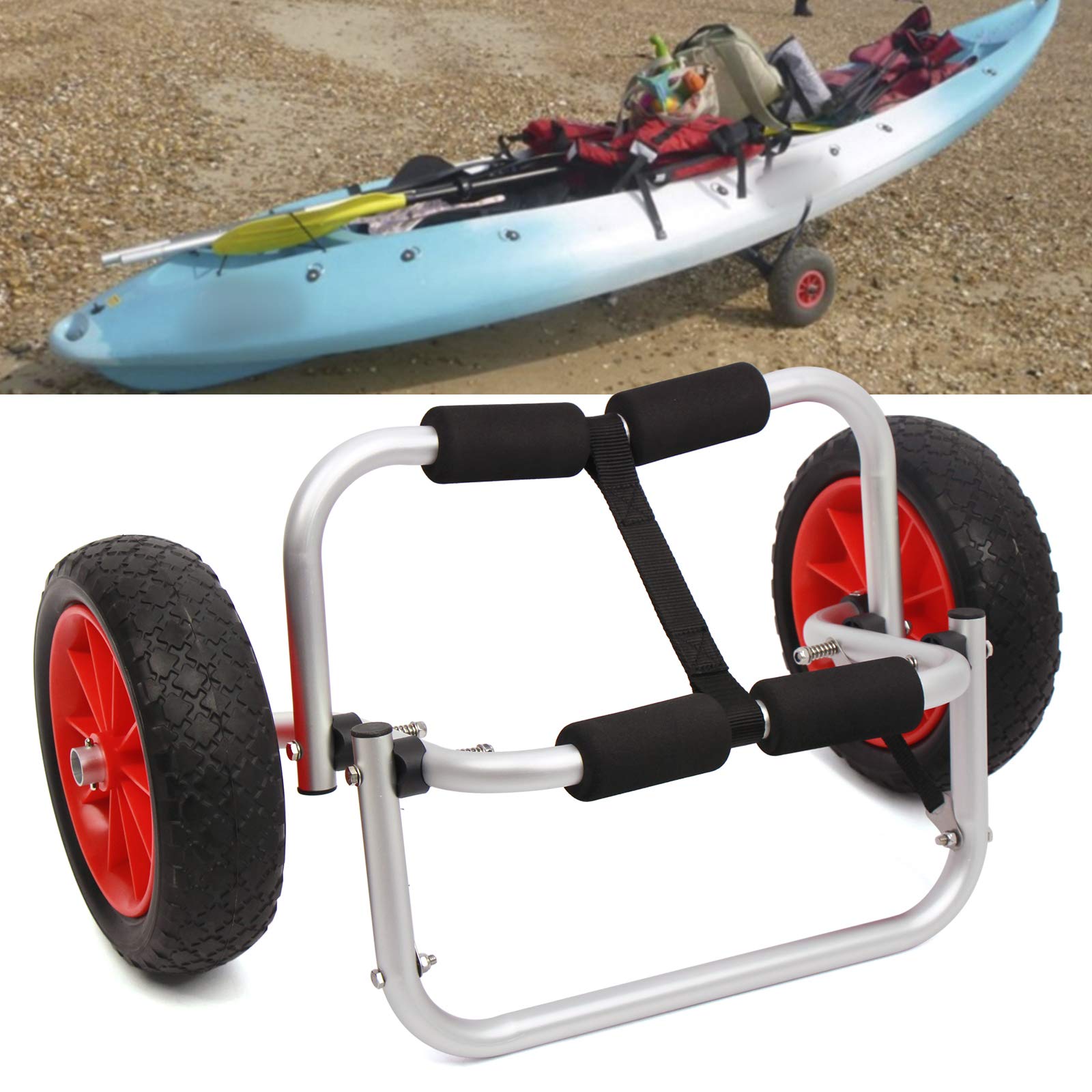 Carrello pieghevole per kayak, carrello di trasporto per canoa, in alluminio, ruote in gomma piena, con cinghie di tensione 150 LBS