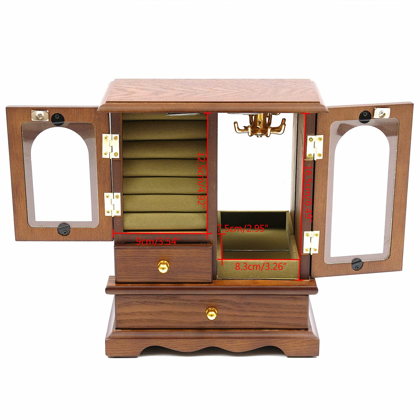 Portagioie in legno con 2 cassetti, porta in vetro, per gioielli, orecchini, collane, 21,5 x 11 x 27 cm