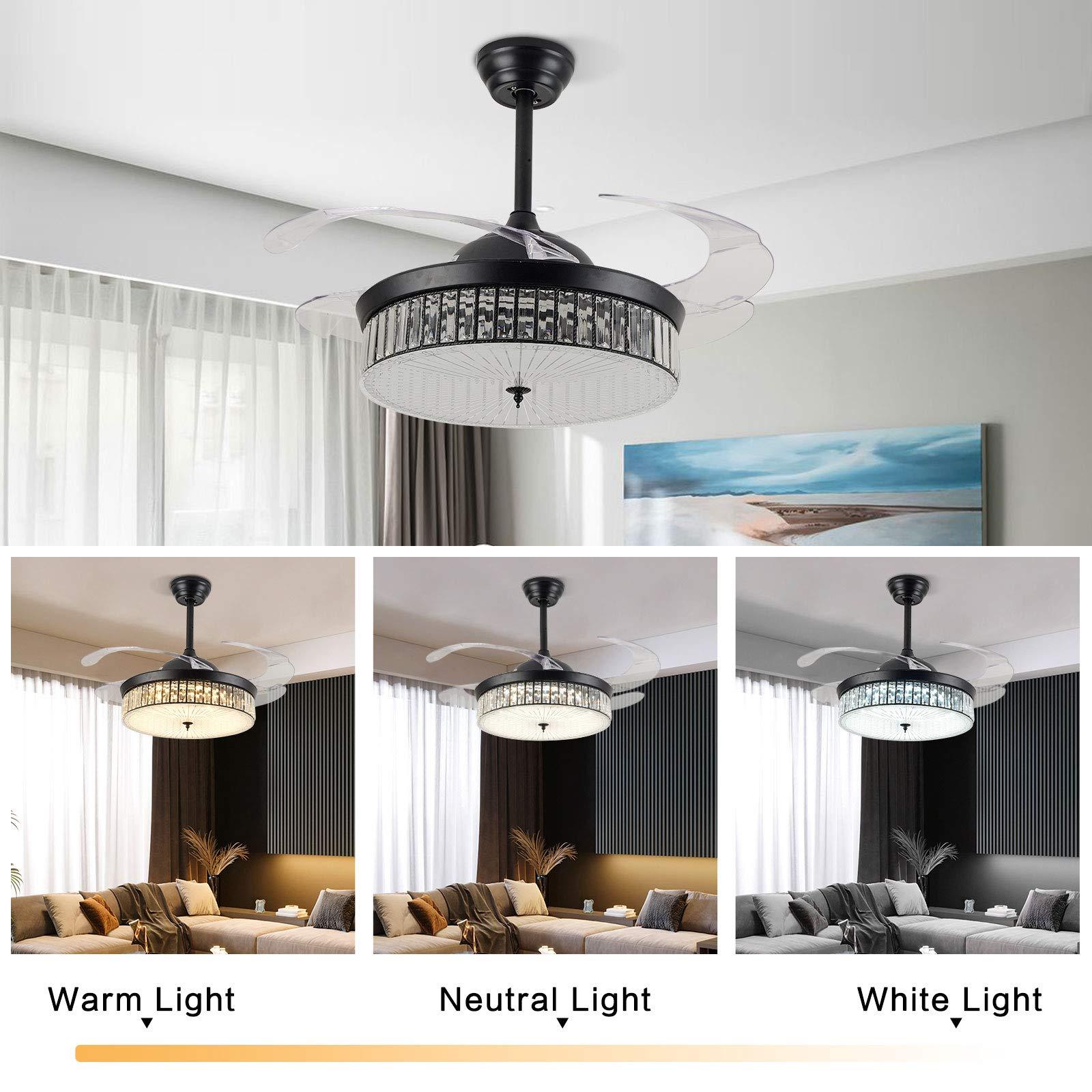 Ventilatore silezioso da soffitto a LED con luce 36W, 3 colori diversi e 3 velocità
