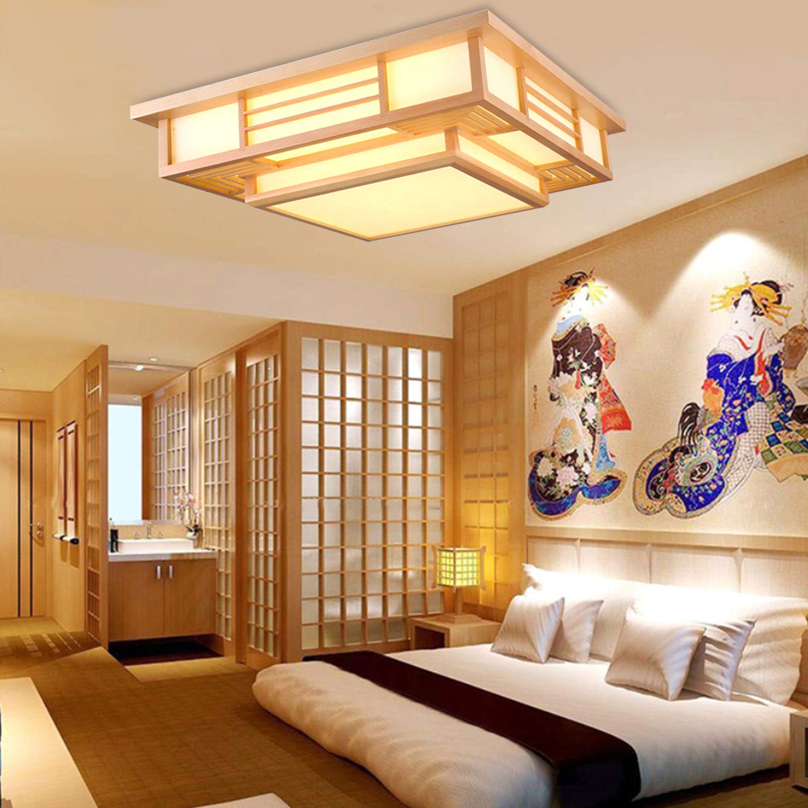 Plafoniera giapponese a intensità variabile, lampada da soffitto a LED in legno massiccio con geometria creativa Tatami, per soggiorno, camera da letto