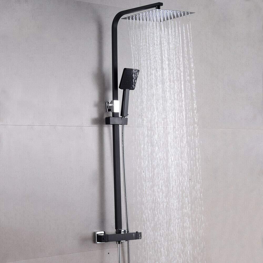 Sistema doccia nero opaco con termostato, doccia a pioggia, set doccia con asta regolabile e doccetta