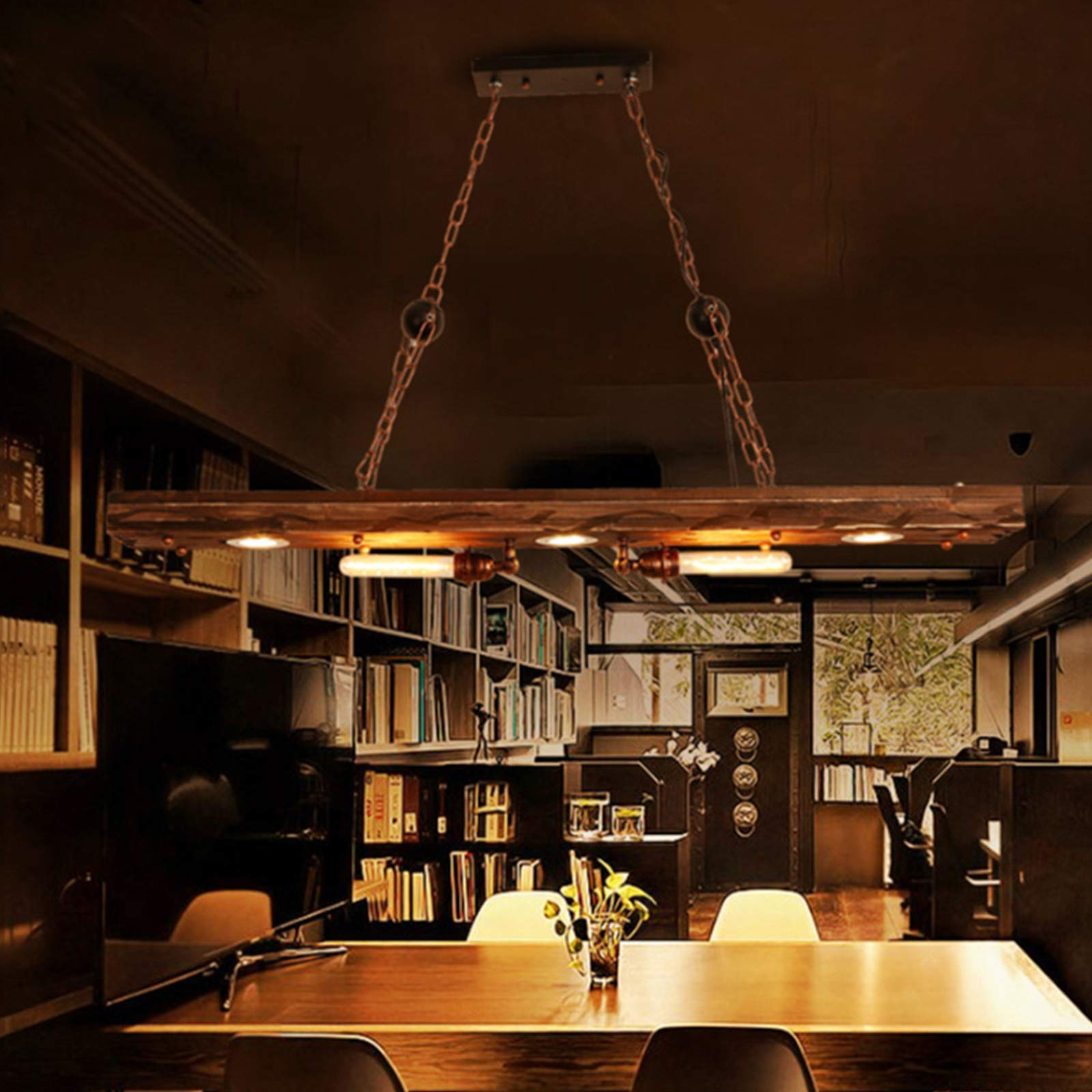 Lampadario in legno vintage, con una combinazione di legno + ferro nero, adatto a ristoranti, bar, salotti.